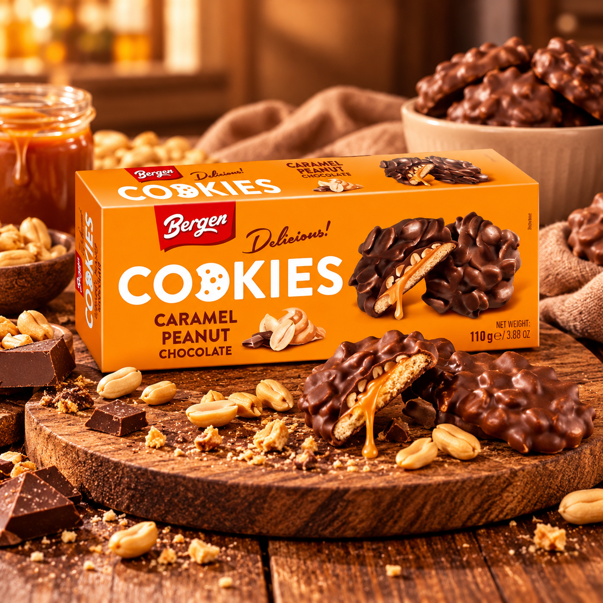 🍪 Cookies Bergen Caramel, Cacahuètes & Chocolat – 110 g 🍫🥜