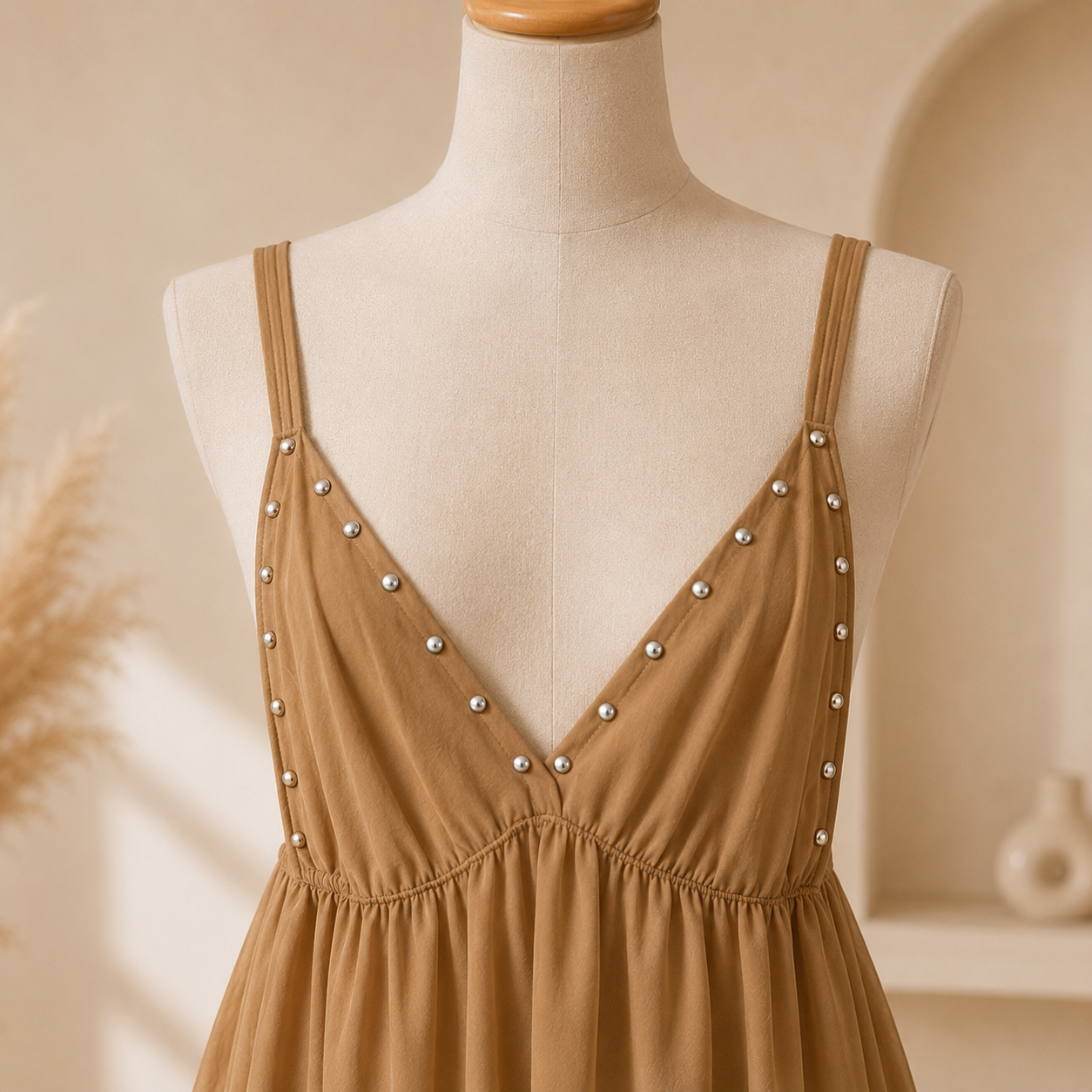 ✨ Robe Longue Camel à Clous ✨