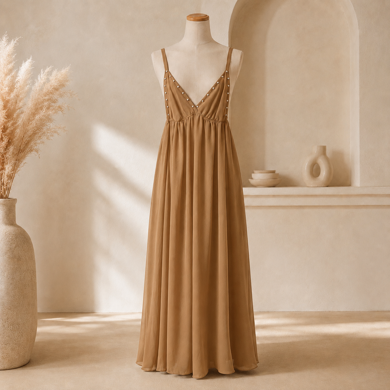 ✨ Robe Longue Camel à Clous ✨