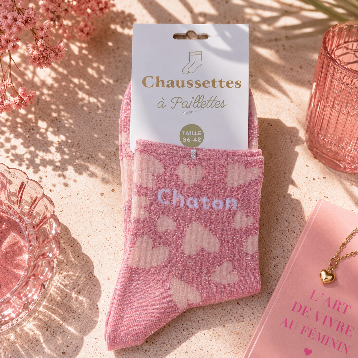 Chaussettes Pailletées Chaton Roses 🩷🐱✨ 36-42