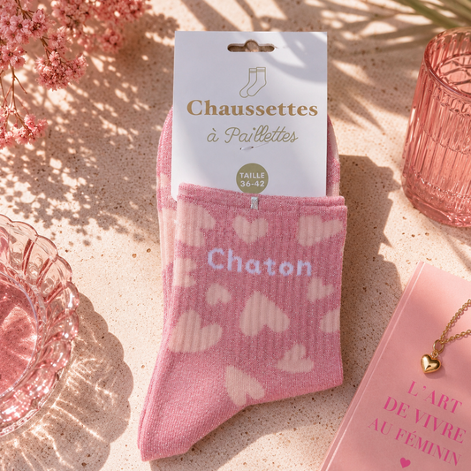 Chaussettes Pailletées Chaton Roses 🩷🐱✨ 36-42