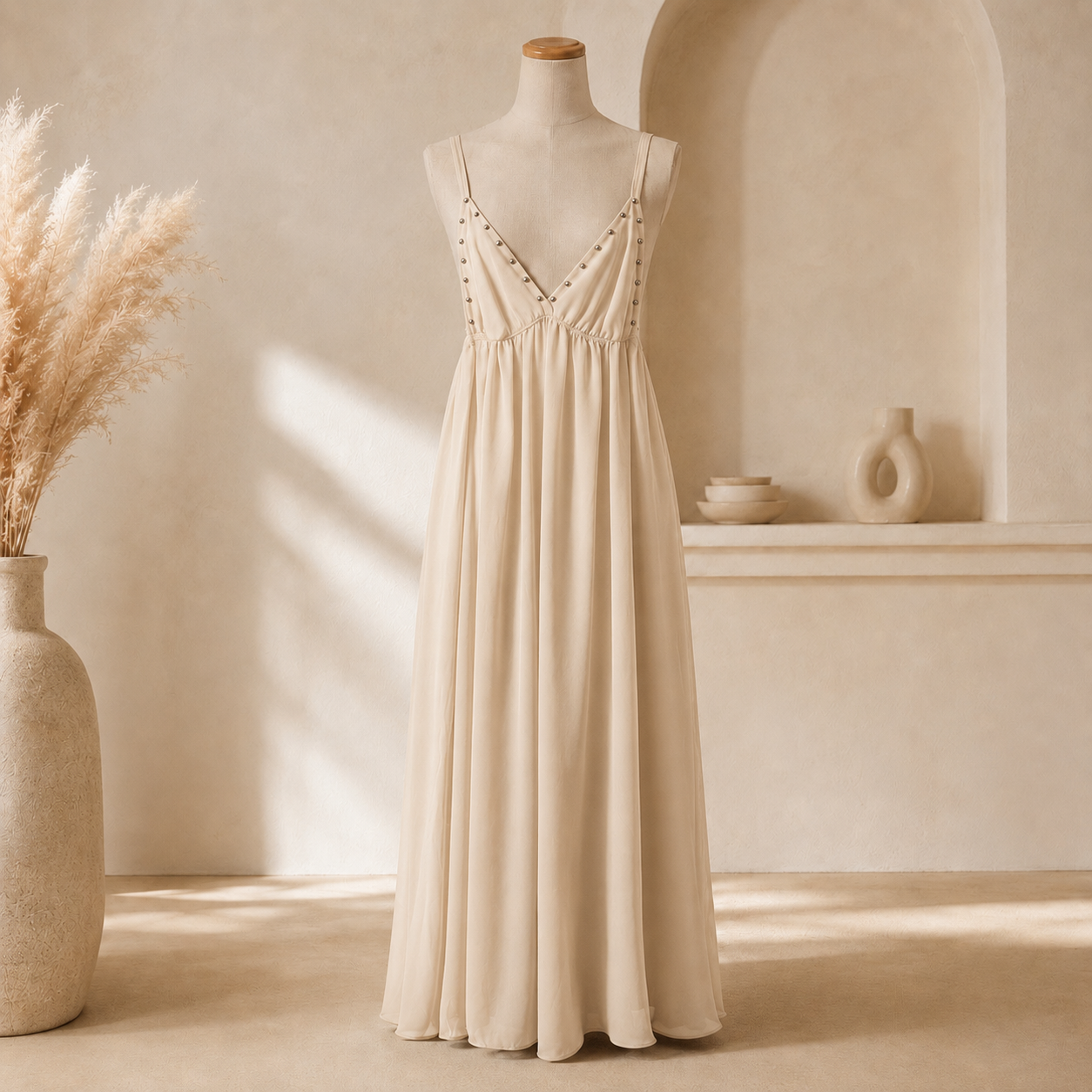 ✨ Robe Longue Beige à Clous ✨