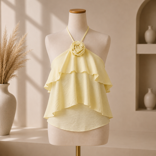 ✨ Top Dos Nu Volants Fleur Jaune Pastel ✨